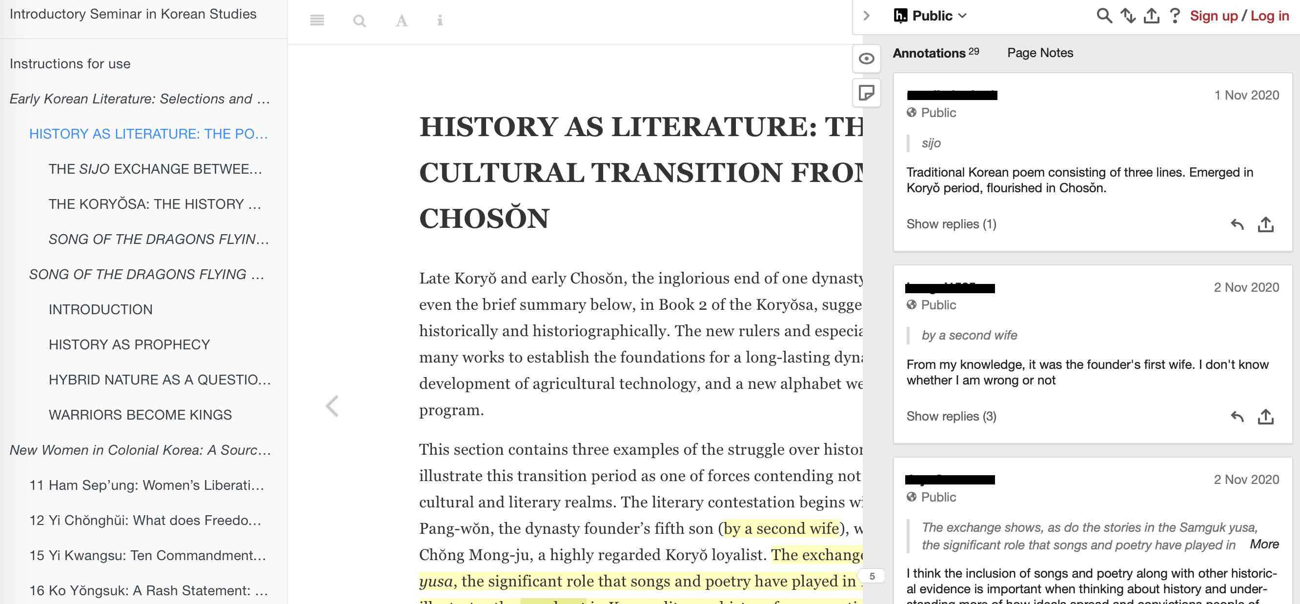 Screenshot of digital book created with Bookdown and Hypothesis